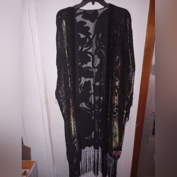 Aris A  Fringe Velvet Burnout Open Cardigan Multicolor One Size - Picture 5 of 8